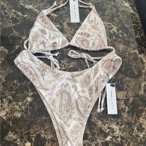 Tan Lines - Paisley Print Bikini Set - Cream and brown